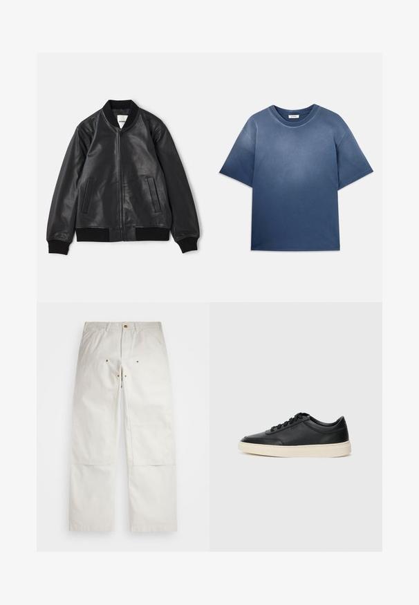 Čierna kožená bombardérka so zipsom na prednej strane, rebrovaným golierom, manžetami a pásom, a dvoma vertikálnymi šikmými vreckami na bielom pozadí.; Modrá bavlnená tričko s uvoľneným strihom, krátkymi rukávmi, okrúhlym výstrihom a jemnou textúrou. Obsahuje postupný farebný prechod.; Biele bavlnené nohavice s voľným strihom, s prednými vreckami, zlatými kovovými akcentmi a detailmi na kolenách.; Čierne nízkoprevádzkové kožené tenisky s čiernymi šnúrkami a krémovou podrážkou zobrazené v bočnom profile na bielom pozadí.