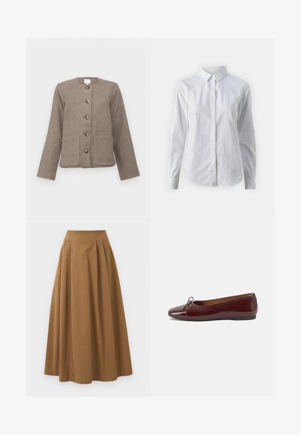 Giacca in misto lana marrone con collo rotondo, cinque grandi bottoni e due tasche frontali, progettata con una silhouette ampia.; Camicia bianca con bottoni, realizzata in cotone liscio, dotata di un colletto classico, maniche lunghe e orlo curvo. I bottoni sono piccoli e bianchi.; Gonna A-line in cotone marrone con vita alta, caratterizzata da pince sulla parte anteriore e una texture liscia. Le finiture dell'orlo sono pulite e semplici.; Ballerine in pelle verniciata bordeaux con punta arrotondata, piccolo fiocco decorativo sulla parte anteriore e suola bassa in gomma nera. Texture liscia.