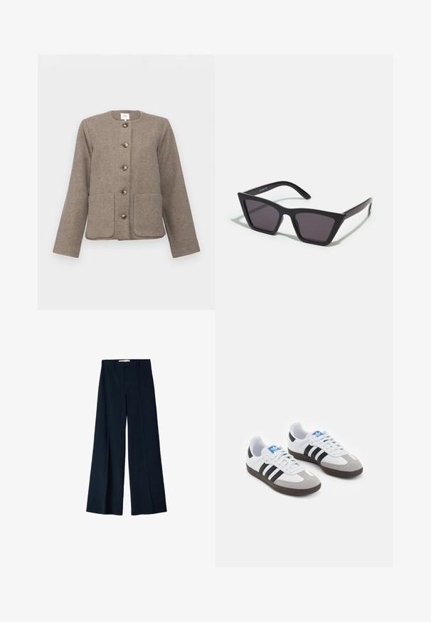 Brun uldblandingsjakke med rund halsudskæring, fem store knapper og to forlommer, designet med en kasseformet silhuet.; Hvid bodysuit med firkantet udskæring, uden ærmer, glat tekstur og trykknaplukning forneden. Enkel og minimalistisk stil.; Marineblå bredbensbukser lavet af et glat stof, med to frontfoldninger og en enkelt knaplukning i taljen.; Sportsko med en overdel i hvid læder, grå ruskind på tåen og tre sorte striber. Har et blåt logo på tungen og en struktureret gummisål.; Sorte, kantede solbriller med grå linser; lavet af plast, med tykke stænger med en glat overflade og ingen synlig hardware.