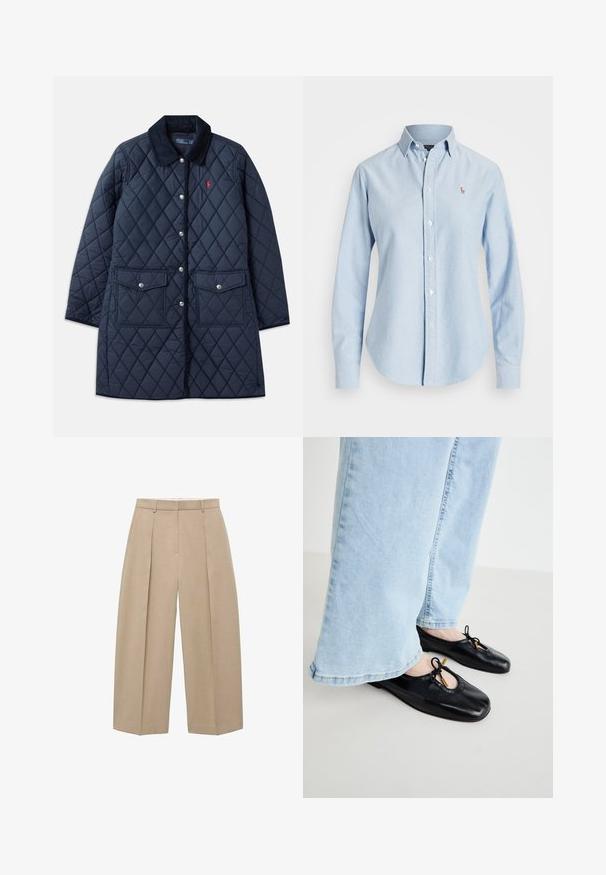 Námořnický prošívaný kabát s diamantovým vzorem, kordovým límcem, cvokovými knoflíky, dvěma předními kapsami a malým červeným logem na levé hrudi.; Světle modrá košile na knoflíky vyrobená z bavlny, s dlouhými rukávy, špičatým límcem a malým vyšitým logem na levé hrudi.; Beige kalhoty s širokými nohavicemi visící vertikálně, s předními záhyby a plochým pasem, které vyzařují neutrální a elegantní styl.; Černé kožené baletky s kulatou špičkou, zdobené výřezem a mašlí, nošené s světle modrými kalhotami s širokými nohavicemi.