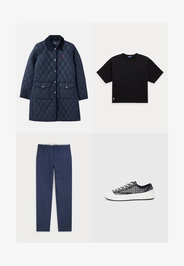 Casaco de acolchoado azul-marinho com padrão de diamante, gola de algodão, botões de pressão, dois bolsos frontais e um pequeno logótipo vermelho no lado esquerdo do peito.; Camiseta preta de algodão com mangas curtas, decote redondo e um pequeno logótipo branco na parte inferior esquerda. Ajuste clássico e descontraído, com detalhes mínimos.; Chinos azul-marinho feitos de algodão, com frente plana, bolsos laterais e um único bolso traseiro. Textura suave com um corte ajustado.; Sapatilhas com padrão preto e cinza, apresentando uma biqueira de borracha branca, design com atacadores e detalhes texturizados pretos nas laterais.