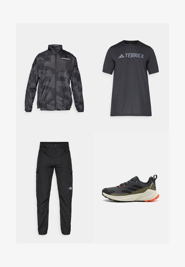 Melns viegls vēja necaurlaidīgs jaku ar matētu apdari, rāvējslēdzēja aizdare, augsts apkakle un smalks ģeometrisks raksts. Ar Terrex logo.; Melna īsām piedurknēm T-kreklu, kas izgatavots no viegla auduma, ar gaismu pelēku "TERREX" logo krūšu daļā un apaļu kakla izgriezumu.; The North Face HORIZON PANT - Āra bikses - black; Pelēki un melni ūdensizturīgi skriešanas apavi ar olīvzaļiem akcentiem, gumijas zoli un oranžām šņorēm, ar mīkstinātu vidusdaļu.