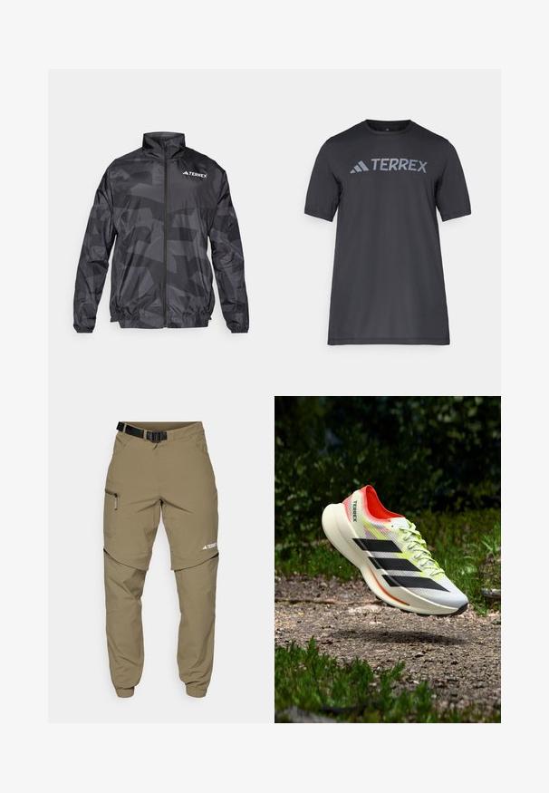 Must must välimus tuulejakker, millel on matt viimistlus, lukuga ees, kõrge krae ja peen geomeetriline muster. Omab Terrexi logo.; Must musta t-särk, mis on valmistatud kergetest kangast, millel on kergehall "TERREX" logo rinnaeest ja ümar kaelus.; Beežid vabaajapüksid vööga, külgedel tõmblukuga taskud ja elastsed mansetid. Omavad mitmekülgsust võimaldavat eemaldatavat disaini ja siledat tekstuuri.; Kerge valge jooksujalats mustade triipude, punaste detailide ja kollaste paeltega; omab tekstuuriga pealset ja pehmendusega tallga.