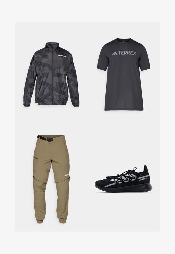 Sort letvægts vindjakke med mat finish, lynlåslukning, høj krave og subtil geometrisk mønster. Har Terrex-logo.; Sort kortærmet t-shirt lavet af let stof, med et lys gråt "TERREX" logo på tværs af brystet og rund halsudskæring.; Khaki udendørs bukser med en justerbar sort bælte, lynlås-lommer, smalle ankler og aftagelige nederste ben til alsidig styling.; Sort træningssko med mesh-overdel, reflekterende detaljer, elastiske snørebånd og en struktureret gummisål. Har et slankt design til præstation.
