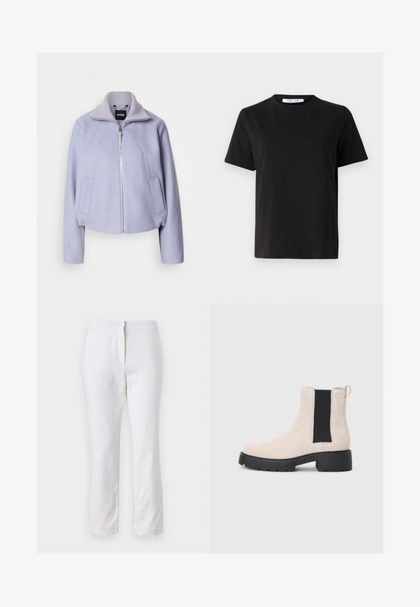 Casaco cropped lilás claro feito de tecido suave, apresentando um colarinho alto, fecho com zip e dois bolsos frontais com um design clean.; T-shirt preto de manga curta feito de algodão suave, com decote redondo, ajuste descontraído e uma textura suave. Sem padrões ou gráficos visíveis.; Calças de algodão brancas com um design de perna reta, apresentando uma cintura de altura média e sem hardware ou padrões visíveis. Textura suave por toda a peça.; Bota Chelsea em camurça bege com painel elástico preto, sola grossa preta e puxador no tornozelo.