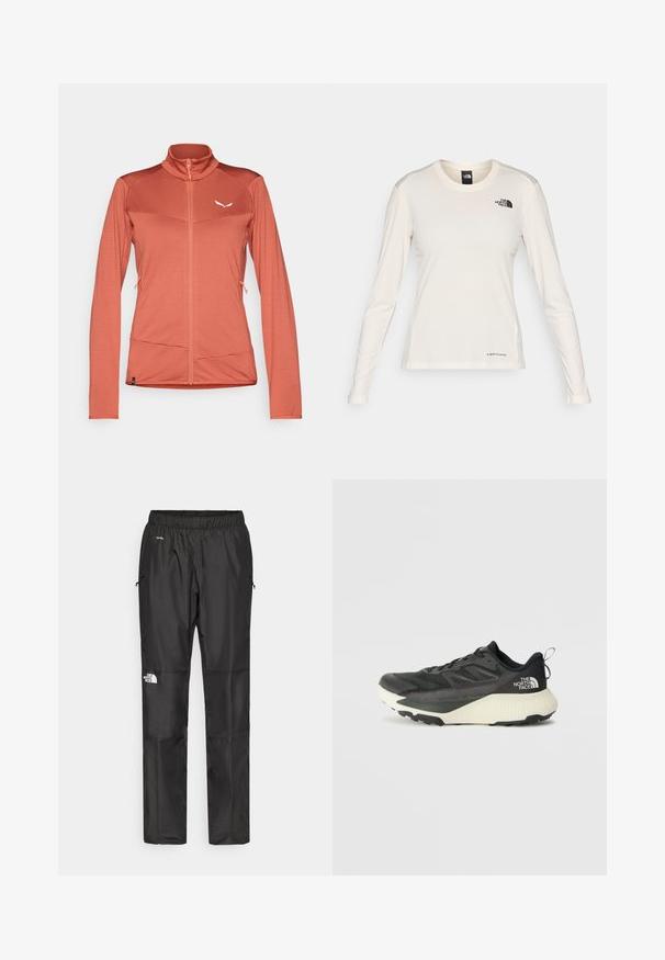 Dame zip-jakke i korall, laget av strukturert stoff. Har høy krage, lange ermer og to sidelommer. Hvit logo på brystet.; The North Face SHADOW LONG SLEEVE - Topper langermet - white dune; Sorte vanntette bukser laget av lettvektig stoff, med elastisk midjebånd, sidelommer og en logo på venstre ben.; Svart treningssko med teksturert overdel, med grå detaljer og hvit såle. Har en pull tab og fremtredende merkevarelogo på hælen.