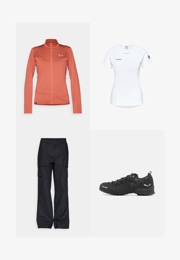 Dames zip-up jack in koraal, gemaakt van gestructureerde stof. Bevat een hoge kraag, lange mouwen en twee zijzakken. Witte logo op de borst.; Korte mouwen witte sportshirt met een ronde halslijn, voorzien van een logo op de borst en een gladde, lichte stoftextuur.; Columbia BREA FALLS™ COTTON RIPSTOP PANT - Outdoorbroeken - black; Zwarte wandelschoenen met een bovenkant van textuurstof, een vetersysteem en een robuuste rubberen zool. Verfraaid met reflecterende details en logo's.