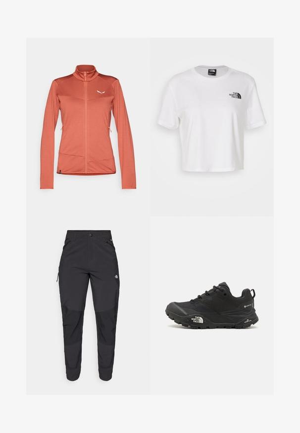 Női cipzáras dzseki korall színben, textúrált anyagból készült. Magas nyakkal, hosszú ujjal és két oldalsó zsebbel rendelkezik. Fehér logó a mellkason.; Fehér, pamutból készült, rövid ujjú, kerek nyakú cropped póló. A bal mellen fekete logó található.; Fekete kültéri nadrág tartós anyagból. Cipzáros zsebekkel, megerősített térdpanellel és egyenes szabással a mozgékonyságért.; Fekete túrázó cipő texturált felsőrésszel, fűzős záródással és vastag gumitalppal, mely oldalán egy kiemelkedő logó és mintázott talpkialakítás található.