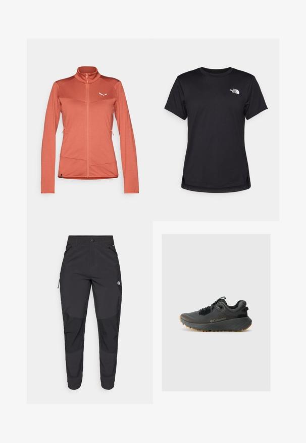 Casaco feminino com fecho zip em coral, feito de um tecido texturizado. Apresenta um colarinho alto, mangas longas e dois bolsos laterais. Logótipo branco no peito.; The North Face FLEX SHORT SLEEVES TEE - T-shirt desportiva - black; Calças pretas para exterior feitas de um tecido resistente. Apresentam bolsos com fecho, painéis de joelhos reforçados e um design de corte reto para maior mobilidade.; Columbia TERRASTRIDE CRZ - Sapatos de caminhada - shark/black