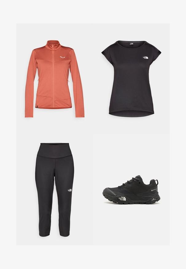 Naise zip-up jakk korallivärv, valmistatud tekstureeritud kangast. Omab kõrget krae, pikki varrukaid ja kahte küljekotti. Rinna peal valge logo.; The North Face TANKEN TANK - Spordi T-särk - black; Mustad mustad capri retuusid on valmistatud elastsetest kangast, millel on kõrge vöökoht ja väike valge logo vasakul küljel. Sile tekstuur.; Mustad matkajalanõud musta värvi, tekstuurse ülemise osa, paeltega kinnituse ja volüümika kummitald, millel on silmapaistev logo külgedel ja mustrimuster.