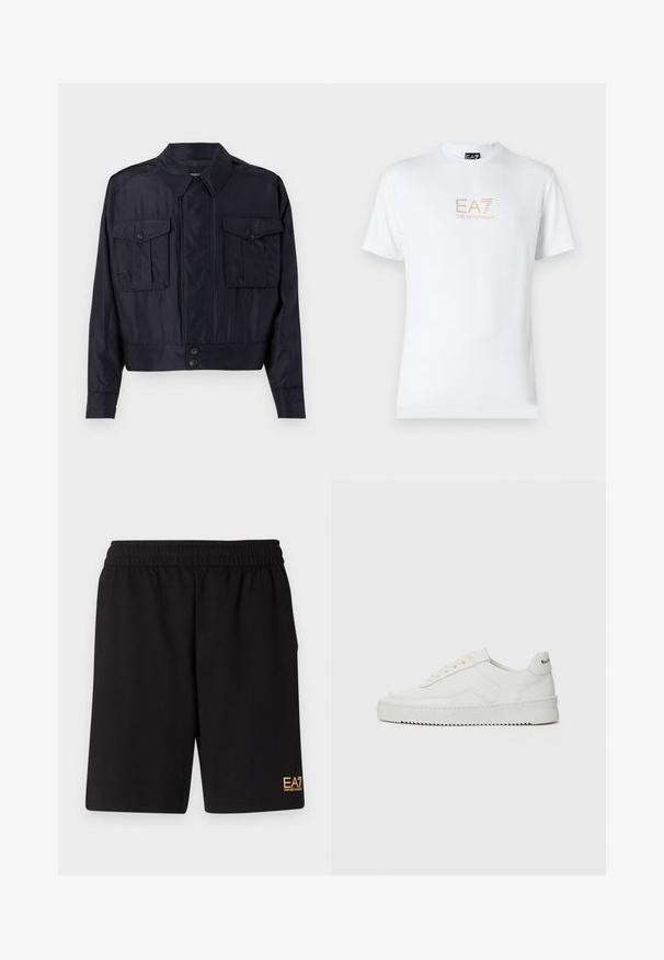 Ciemnoniebieska bomberka wykonana z gładkiego materiału. Posiada dwie kieszenie na piersiach, wyłogowy kołnierz oraz zapięcie na guzik w talii.; Biała bawełniana koszulka z okrągłym dekoltem i krótkimi rękawami, z nadrukowanym z przodu złotym logo EA7 Emporio Armani.; Czarne sportowe szorty wykonane z miękkiego materiału, z elastycznym paskiem w talii oraz małym, żółtym logo EA7 na dolnej lewej nodze.; Białe skórzane sneakersy o gładkim wykończeniu, okrągłym nosku, płaskich sznurówkach i teksturowanej podeszwie. Charakteryzują się delikatnym logo na pięcie.