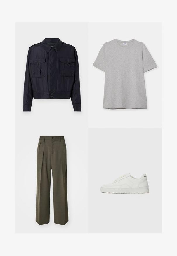 Tumši jūras zils bomberjakets, izgatavots no gludas auduma. Tam ir divi krūšu kabatas, norādīta apkakle un pogu aizdare jostasvietā.; Pelēks īsā piedurkņu T-krekls, kas izgatavots no mīkstas, teksturētas auduma. Tam ir klasiskā apļa kakla izgriezums un taisna apakšmalā, piemērots ikdienas valkāšanai.; Filippa K WIDE TROUSERS - Auduma bikses - driftwood; Baltas ādas sneakers ar gludu virsmu, apaļu pirkstu daļu, plakaniem šņorēm un teksturētu zoli. Satur diskrētu logotipu uz papēža.