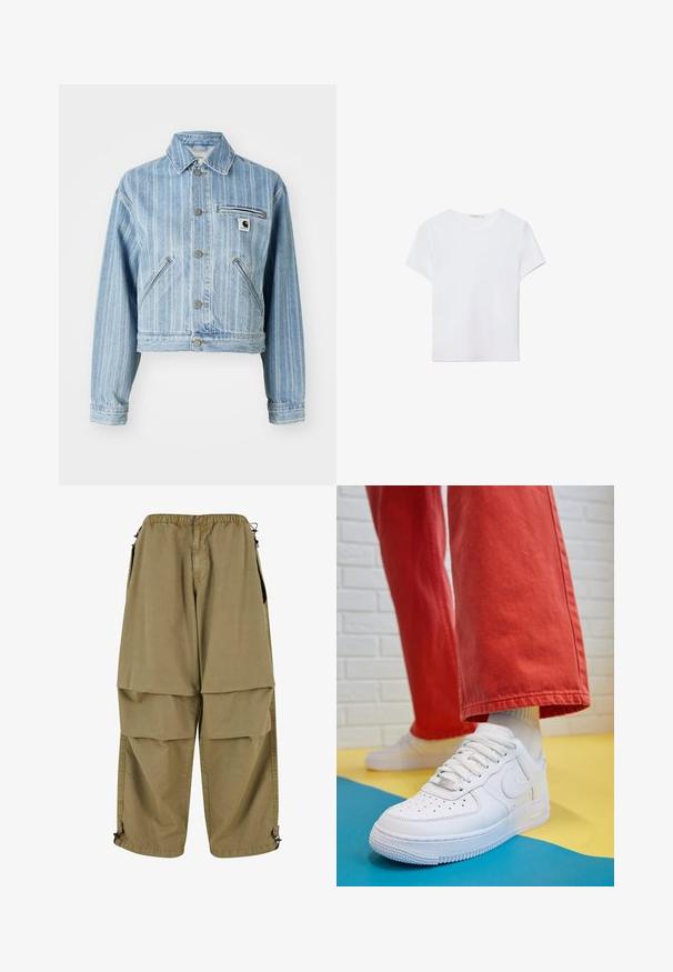 Lys blå denimjakke med vertikale striber, cropped design, metalknapper, to sidelommer og en brystlomme med logo-patch.; Hvid kortærmet t-shirt lavet af blødt stof. Har en rund halsudskæring og et simpelt, rent design med en lige underkant.; Beige cargo bukser med elastisk talje, store forlommer og justerbare manchetter. Lavet af letvægtsmateriale med en glat tekstur.; Hvide lædersneakers med perforeret tå-kasse, tekstureret sål og hvide snørebånd, parret med brede røde bukser og en blå-gul baggrund.