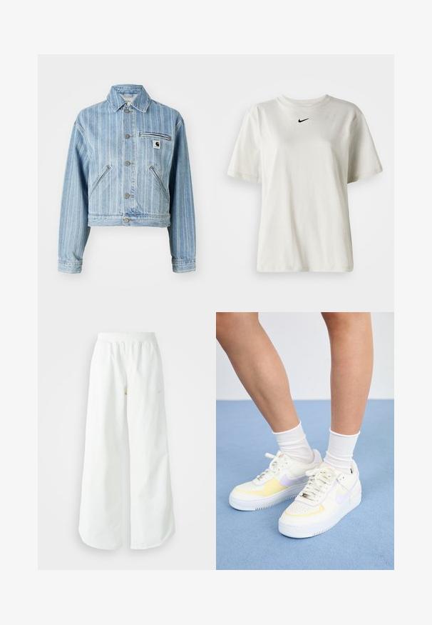 Gai zila džinsu jaka ar vertikālām svītrām, īsā dizainā, metāla pogām, divām sānu kabatām un krūšu kabatu ar logotipa uzšuvumu.; Balts kokvilnas T-krekls ar apaļu kakla izgriezumu un īsām piedurknēm. Uz krūtīm ir neliels melns Nike logo. Vienkāršs un bez rotājumiem dizains.; Baltas, platais sporta bikses ar ribotu jostasvītru un smalku logotipa detaļu. Gluda auduma ar brīvu piegriezumu un sašaurinātu apakšdaļu.; Balti ādas sporta apavi ar dzelteniem un lavandas akcentiem, apaļa purngala forma, plakani šņores un teksturēta gumijas zole. Valkāti ar baltām zeķēm.
