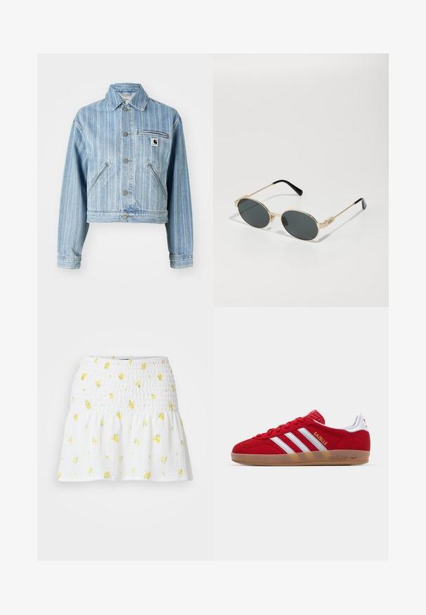 Jachetă din denim de culoare bleu deschis, cu dungi verticale, design scurt, butoane metalice, două buzunare laterale și un buzunar pe piept cu patch logo.; Top galben fără bretele cu bust plisat, având volane suprapuse. Fabricat dintr-un material ușor, cu o textură moale. Se leagă la gât.; Fustă albă cu un model smockat și un imprimeu floral galben. Marginile sunt evazate, creând o siluetă lejeră.; Sneaker roșu din suede cu un design alb cu trei dungi și text auriu "Gazelle". Dispune de o talpă din cauciuc și un toc texturat.; Ochelari de soare din metal aurit, cu lentile ovale și lentile întunecate. Vârfuri din acetat negru pe brațe. Numele brandului "QUAY" pe lateral.; Colier din aur roz cu un pandantiv în formă de lebădă, embellisat cu cristale clare. Lanțul are un design delicat cu verigi.