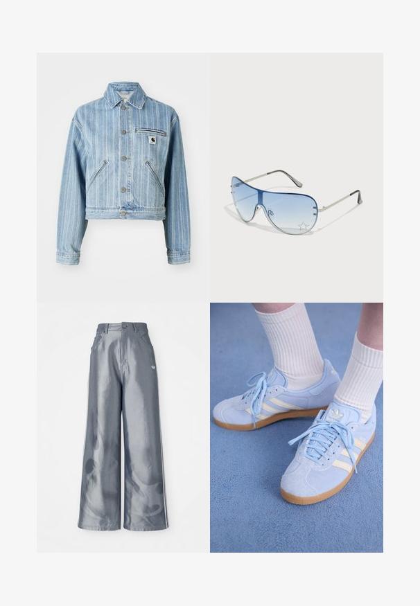 Světlemodrá džínsová bunda s vertikálními pruhy, zkrácený střih, kovové knoflíky, dvě boční kapsy a náprsní kapsa s logem.; Modrá a černá pruhovaná oversized košile s jedním ramínkem, která má bíle potištěný text a tři bílé pruhy na rukávu.; Kalhoty s širokými nohavicemi z lesklého šedého materiálu, se bílými bočními pruhy a plamenným vzorem na spodní části nohavic. Zapínání na knoflík a zip v pase.; Světlomodré semišové tenisky s bílými pruhy, plochými šňůrkami a gumovou podrážkou. Na nohou jsou žebrované bílé ponožky nad kotník.; Pilotské sluneční brýle s modrými gradientními skly, stříbrným kovovým rámem a dekorativními hvězdnými akcenty na sklech. Hladký a elegantní design.