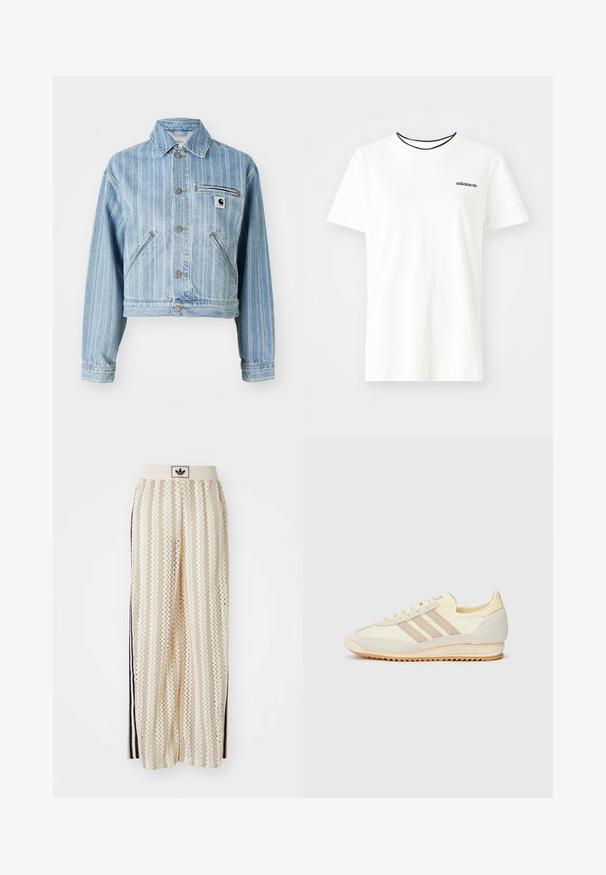 Gai zila džinsu jaka ar vertikālām svītrām, īsā dizainā, metāla pogām, divām sānu kabatām un krūšu kabatu ar logotipa uzšuvumu.; Balta kokvilnas T-krekls ar īsām piedurknēm un apļveida kakla izgriezumu. Piedāvā melnu Adidas logotipu uz krūtīm un kontrastējošu melnu iekšējo apkakli.; Krēmbalti plaša piegriezuma bikses ar zigzaga rakstu, ar melnu logotipa jostu un melnām sānu svītrām. Viegls, teksturēts audums.; Krēma krāsas sporta apavi ar trim beiga joslām, izgatavoti no zamša un tekstila materiāliem, ar fakturētu zoli un iegravētu zīmolu uz papēža.