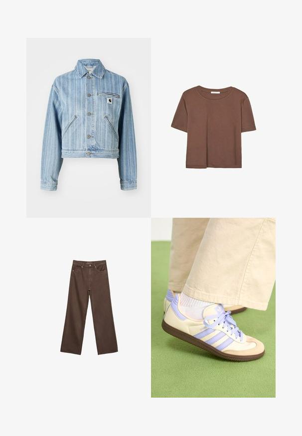 Lys blå denimjakke med vertikale striber, cropped design, metalknapper, to sidelommer og en brystlomme med logo-patch.; Brun kortærmet t-shirt lavet af blødt stof, med rund halsudskæring og afslappet pasform. Ingen synlige mønstre eller detaljer.; Bredde ben brun denim jeans med høj talje, forlommer og klassisk knaplukning. Glat tekstur med diskret syninger.; Creme og lavendel sneakers med tre striber og en tekstureret brun sål, der har snørebånd og en polstret hæl. Blødt stof øvre.