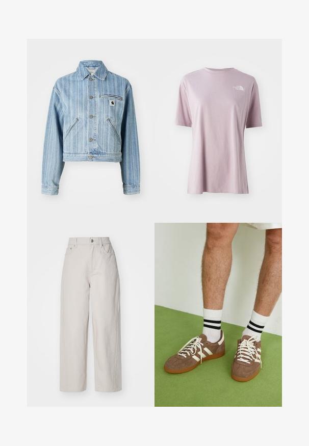 Hele sinine denim jakk vertikaalsete triipudega, lühendatud disain, metallnuppudega, kahe küljetasku ja rinna-taskuga, kus on logotäht.; Heled lillat värvi lühikeste varrukatega T-särk, mis on valmistatud pehmest kangast, esiküljel vasakul rinnal on valge logo ja särk on lõdva lõikega.; Beez värvi laiad puuvillased püksid kõrge vöökoht, nupuga ja tõmblukuga kinnitamine ning neli taskut; sile tekstuur denimpinnaga.; Prune nahkkingad valgete aktsentide ja paeltega. Kummikummist tallad. Kandu valgeid sokke mustade triipudega. Roheline tekstuuriga põrand.