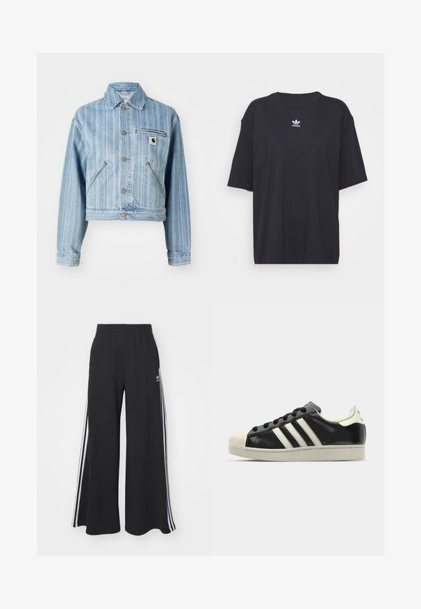 Hellblaues Denim-Jacket mit vertikalen Streifen, taillierter Schnitt, Metallknöpfen, zwei Seitentaschen und einer Brusttasche mit Logo-Patch.; Schwarzes Baumwoll-T-Shirt mit kurzen Ärmeln, rundem Halsausschnitt, mit einem weißen Adidas-Logo auf der Brust. Einfaches Design, lockere Passform.; Schwarze weite Sweatpants mit elastischem Bund, versehen mit weißen Seitestreifen und einem gestickten Logo auf dem linken Oberschenkel.; Schwarze Ledersneaker mit weißen Streifen, Gummikappe, schwarzen Schnürsenkeln und einer cremefarbenen Sohle. Glatte Textur mit glänzender Oberfläche.