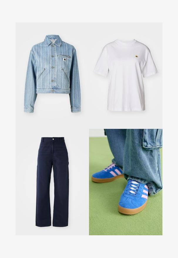 Lys blå denimjakke med vertikale striber, cropped design, metalknapper, to sidelommer og en brystlomme med logo-patch.; Hvid bomulds-t-shirt med en afslappet pasform, korte ærmer og et lille broderet logo på venstre brystområde.; Mørkeblåvidde cargo bukser fremstillet af et robust bomuldsstof, der har sidelommer og en knaplukning i taljen.; Blå ruskindsko med pink striber og hvide snørebånd, med en sål af gummi, parret med løse denimbukser på en grøn overflade.