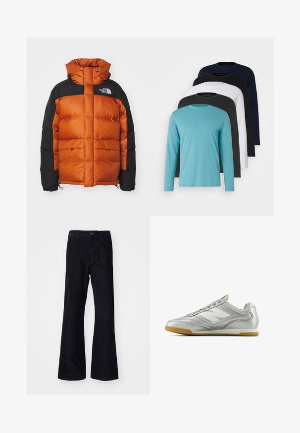 Oranžist kehaga ja mustade varrukatega puhvjakott, valmistatud läikivast, kootud materjalist, millel on kaks küljetaskut ja kapuuts.; Viis pika varrukaga T-särki reas: türkiissinine, must, valge, tumehall ja marineeritud sinine. Pehme kangas, ümmargune kaelus ja tavaline lõike.; Mustad mustad flared püksid traditsioonilise vöökoha, ühe esiknappi ja taskutega külgedel ja taga. Sile tekstuur.; Hõbedane spordijalats sileda, läikiva pinnaga, valge logo küljes, tekstuuriga hallid paelad ja kummist soe põhi.