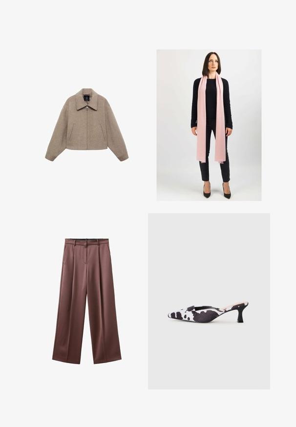 Geknipt, beige wollen jas met een grote kraag, een rits aan de voorkant en twee zijzakken; heeft een zachte textuur en een minimalistisch ontwerp.; Korte mouw gebreide trui in crème, met een bruine abstracte print. Geribde ronde halslijn en manchetten, zachte textuur, relaxte pasvorm.; Brede pijpenbroek van donkerbruin stof met een gladde textuur, featuring frontplooien en zijzakken. Aangestikte tailleband zonder zichtbare sluiting.; Puntige slingbackhakken in zwart-wit koeienprintdesign. Bovenwerk van stof met een gestructureerde afwerking en een slanke zwarte hak.; Lichtroze sjaal van zacht materiaal, losjes om de hals gedrapeerd. Gekocht bij een zwarte trui en donkere broeken. Hakken maken de look af.; Bruine handtas van nep bont met een geplooid ontwerp en een trekkoordsluiting. Zachte textuur, afgeronde vorm en minimalistische stijl.