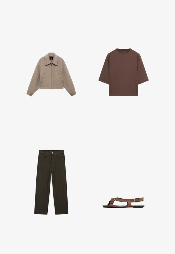Geknipt, beige wollen jas met een grote kraag, een rits aan de voorkant en twee zijzakken; heeft een zachte textuur en een minimalistisch ontwerp.; Bruine cropped t-shirt met een ronde halslijn, korte mouwen en een zachte textuur. Ontworpen met een losse pasvorm en minimale details.; Donkergroene wijde jeans van een katoenmix, met een sluiting met een voorste knop, vijf zakken en klassieke denimstiksels.; Bruine leren sandaal met een open teen en zijuitsparingen. Voorzien van een enkelband met een metalen gesp en een platte zool.