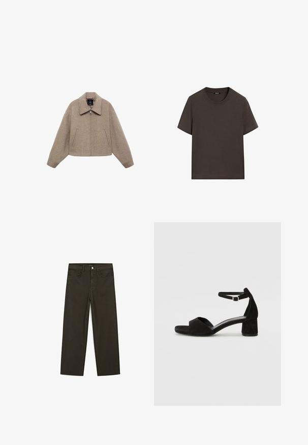 Veste en laine beige raccourcie avec un grand col, fermeture éclair à l'avant et deux poches latérales ; elle présente une texture douce et un design minimaliste.; T-shirt à manches courtes marron foncé en coton. Il possède un col rond et une coupe décontractée, sans motifs ni accents visibles.; Jeans large en denim vert foncé en mélange de coton, avec une fermeture à bouton à l'avant, cinq poches et des coutures classiques en denim.; Sandales à talons en daim noir avec une fine lanière à la cheville, design à bout ouvert et un talon carré modeste. Texture lisse et accents minimalistes.
