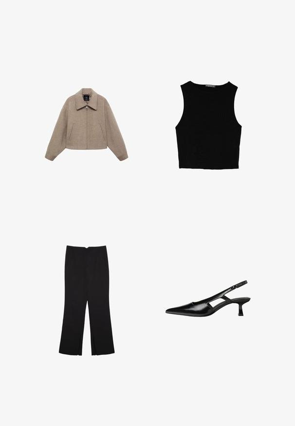 Giacca in lana beige, cropped, caratterizzata da un ampio colletto, chiusura frontale con zip e due tasche laterali; presenta una consistenza morbida e un design minimalista.; Top corto senza maniche nero realizzato in tessuto liscio, con scollatura rotonda e un design pulito e semplice, privo di pattern o accessori.; Pantaloni neri a gamba dritta, con tasche frontali e spacchi laterali all'orlo. Realizzati in tessuto morbido e liscio. Adatti a diverse occasioni.; Tacchi slingback in pelle verniciata nera con punta affusolata, design con tagli laterali e tacco quadrato piccolo. Texture liscia con dettagli minimi.