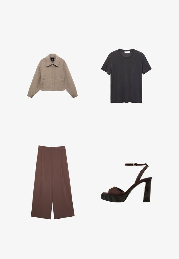 Zrezaná béžová vlnená bunda s veľkým golierom, predným zipsom a dvoma bočnými vreckami; má mäkkú textúru a minimalistický dizajn.; Čierne tričko s okrúhlym výstrihom vyrobené z jemnej bavlny. Krátke rukávy, voľný strih a rovný lem bez ozdôb či vzorov.; Hnedé nohavice so širokými nohavicami a hladkou textúrou, s vysokým pásom a prednými skladmi. Tkanina je ľahká a voľne sa pohybuje.; Hnedé semišové sandále na vysokom podpätku s otvorenou špičkou, nastaviteľným členkovým remienkom a pruhovanou platformovou podrážkou.