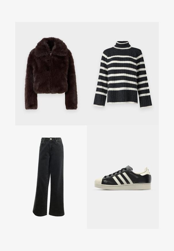 GAP CROPPED - Zimná bunda - brown; Čierny a biely pruhovaný rolák s voľným strihom, rebrovanou textúrou a dlhými rukávmi. Obsahuje vysoký golier a horizontálne pruhy.; Džínsy s vysokým pásom a širokými nohavicami v čiernej farbe, s gombíkovým zapínaním, piatimi vreckami a malým vyšitým logom na prednej strane. Štruktúrovaná látka.; Čierne kožené tenisky s bielymi pruhmi, gumenou špičkou, čiernymi šnúrkami a krémovobielou podrážkou. Hladký povrch s lesklým finišom.