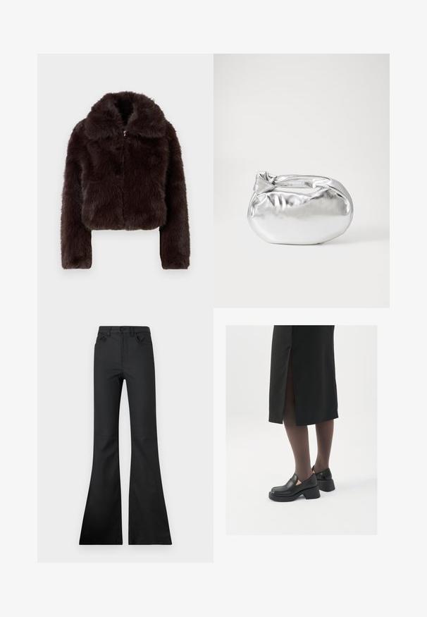 GAP CROPPED - Chaqueta de invierno - brown; Sudadera ligera gris claro hecha de una suave mezcla de algodón. Cuenta con un bolsillo tipo canguro, puños acanalados y una capucha con cordón con un diseño minimalista.; Jeans de campana negros con una cintura de subida media, hechos de una tela suave. Cuenta con cinco bolsillos y detalles de costura visibles.; Zapatos de piel negra con punta redondeada, tacón grueso y bloque, y acentos elásticos en los laterales, combinados con unos pantys oscuros y una falda negra con una abertura.; Bolsa de pouch metálica plateada con una forma suave y redondeada y un cierre en la parte superior con un nudo. Hecha de un material de imitación de cuero suave.; Pendientes de aro plateados con un diseño minimalista. Forma circular, textura suave y perfil delgado. Livianos con un acabado pulido.