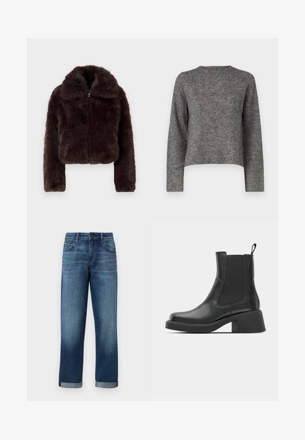 GAP - Kurtka zimowa; Szary sweter z dzianiny z długimi rękawami, okrągłym dekoltem i luźnym krojem. Teksturowana tkanina i krótka długość. Brak dodatkowych szczegółów.; Dżinsy w średnim niebieskim odcieniu o prostym kroju nogawki, z podwiniętymi brzegami i minimalnymi przetarciami. Klasyczny styl pięciu kieszeni.; Czarne skórzane botki na kostkę z elastycznymi panelami bocznymi, okrągłym noskiem i grubym słupkowym obcasem. Gładka faktura z minimalistycznym wzornictwem.