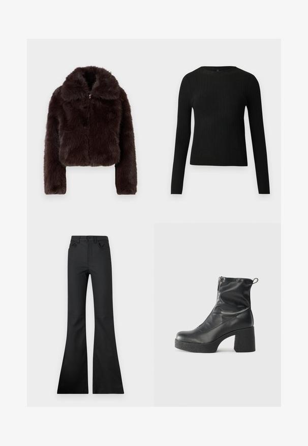 GAP CROPPED - Vinterjakke - brown; Svart ribbestrikket langermet tettsittende genser med rund hals, vist mot en ensfarget lys bakgrunn.; Svart flared jeans med middels høy livhøyde, laget av glatt stoff. Har fem lommer og synlige sømdetaljer.; Svarte ankelstøvler laget av glatt lær, med glidelås på siden, chunky strukturert hæl, og rund tå-design.