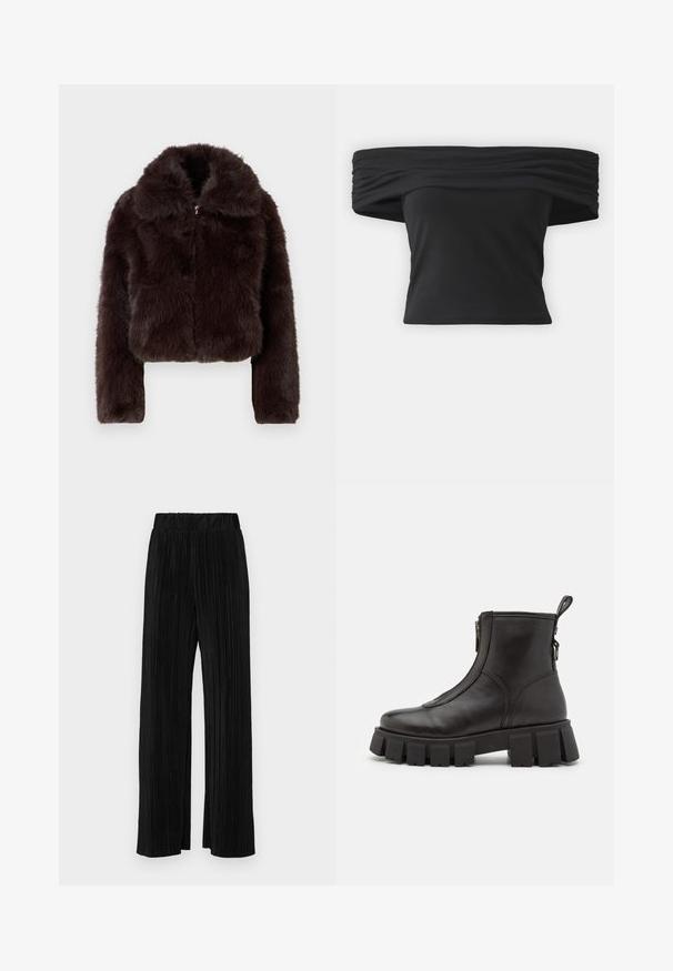 GAP CROPPED - Jachetă de iarnă - brown; Top negru, cu umerii la vedere, cu textură adunată la gât, mâneci scurte și un design croppat, ajustat. Fabricat din material elastic.; Pantaloni negri plisati cu talie elastică. Prezintă picioare largi și un material neted, texturat, cu dungi verticale.; Cizme negre din piele cu glezna, cu o talpă groasă și striată, închidere cu fermoar pe lateral și un tab de prindere în spate. Textură netedă și design minimalist.