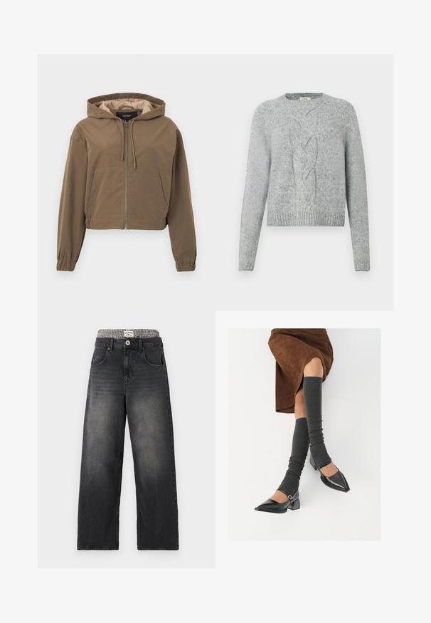 Smeđa skraćena hoodie s prednjim zipom, kapuljača s vezicom, elastičnim manžetama i kengur džepom. Glatka tkanina s mat završnom obradom.; Svijetlosivi pleteni pulover s dugim rukavima, okruglim izrezom i središnjim uzorkom pletenice sprijeda.; Crne široke traperice od denima s pojasom u uzorku hloštona. Značajke uključuju prednje džepove i zatvaranje na gumb. Oštećena tekstura.; Crne lakirane cipele s šiljastim prstima, blok-petom i remenom oko gležnja, uparene s sivim rebrastim čarapama do koljena i smešnom suknjom od antilopa.