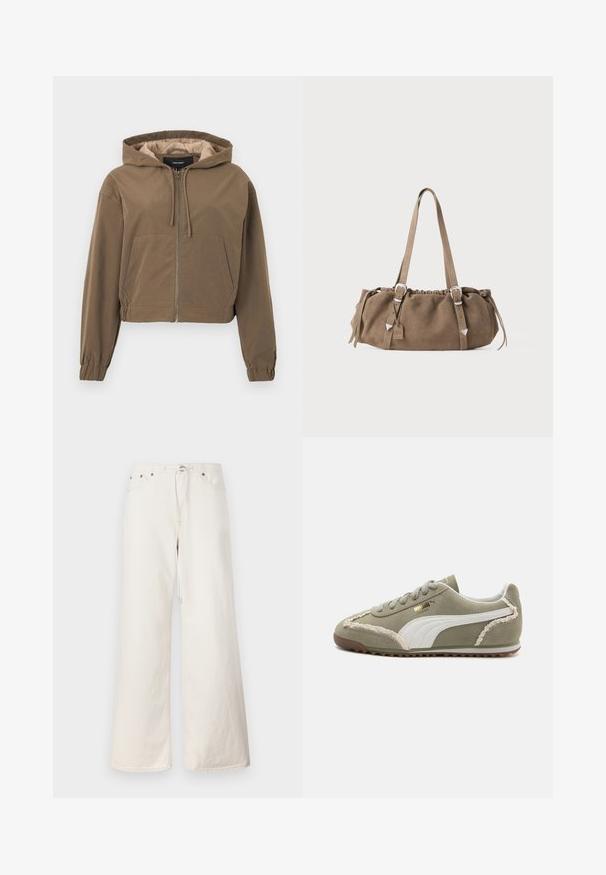 Ruskea lyhyt huppari, jossa on etuvetoketju, nyörihuppu, joustavat hihansuut ja kengurupussi. Sileä kangas, jossa on matta pinta.; Beige neulepaita, jossa on pyöreä kaula-aukko, esittelee teksturoituja timanttimalleja sekä ribbausteet hihoissa ja helmassa. Mukava ja paksu neulontasuunnittelu.; Valkoiset leveälahkeiset farkkuhousut, joissa on naru vyötäröllä, etutaskut ja huomaamattomat ompeluyksityiskohdat. Valmistettu kestävästä puuvillamateriaalista.; Vihreät mokkakengät valkoisilla nahkaosilla, teksturoidulla ompelulla, nauhoitettavalla etuosalla ja kumipohjalla. Sisältää ainutlaatuiset suunnittelu yksityiskohdat sivuilla.; Ruskea mokkanahkainen käsilaukku, jossa on rypytetty yläosa, hopeiset metalliosat ja kaksi olkahihnaa. Ominaisuuksina suorakulmainen muoto ja minimalistinen muotoilu.