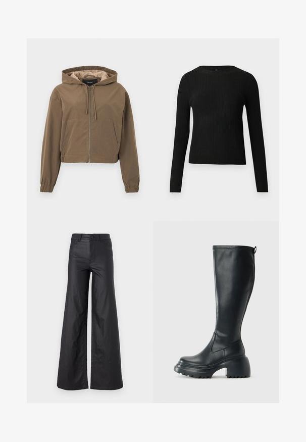 Hanorac scurt, de culoare maro, cu fermoar frontal, glugă cu șnur, manșete elastice și buzunar tip kangaroo. Material neted cu finisaj mat.; Pulover negru cu mâncă lungă, cu textură ribbed, cu decolteu rotund, expus pe un fundal deschis și simplu.; Pantaloni negri, cu picioare largi, dintr-un material de piele ecologică. Prezentază talie înaltă, bucle pentru curea, două buzunare frontale și detalii cusute.; Cizme lungi din piele neagră cu talpă platformă masivă și tocul pătrat, având un tab de tragere și un model texturat pe talpa exterioară.