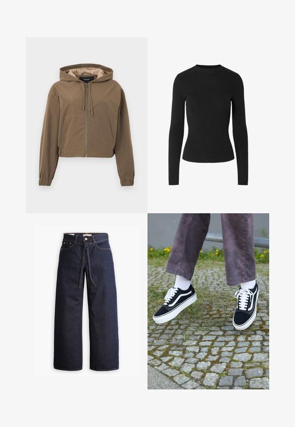 Rudas sutrumpintas džemperis su priekine užtrauktuku, kapučinu su raišteliu, elastinėmis rankovėmis ir kengūrinėmis kišenėmis. Sklandus audinys su matinio paviršiumi.; Juodas ribotas ilgomis rankovėmis megztinis su apvalia iškirpte ir aptemptu siluetu, pasižymintis lygiu paviršiumi visame megztinyje.; Plačios kojų tamsiai mėlynos džinsinės kelnės su aukštu liemeniu, turinčios raištį, penkias kišenes ir kontrastingas siūles.; Juoda zomšiniai sportbačiai su baltais akcentais, suapvalintu pirštu, storu baltu padu ir klasikinis raištelių dizainas, užsidėti su baltomis kojinėmis ir purpurinėmis kelnėmis.