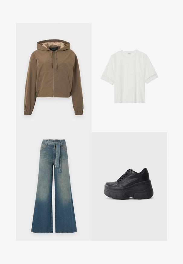 Barna, rövidített kapucnis pulóver, elülső cipzárral, húzózsinórral a kapucniban, rugalmas mandzsettákkal és kenguruzsebbel. Simább anyag matt felülettel.; Fehér, rövid ujjas póló, pamutból készült, díszes csipkés szegéllyel az ujjak mentén és kerek nyakkivágással.; Bőszárú farmernadrág, világos és sötétkék árnyalatokkal, magas derekú, övgyűrűkkel és a nadrággal megegyező anyagú övvel. Textúrált farmer kivitel.; Fekete fűzős sportcipők vastag talppal, sima bőrből készült felső résszel, kerek orral és jellegzetes, réteges platform dizájnnal.