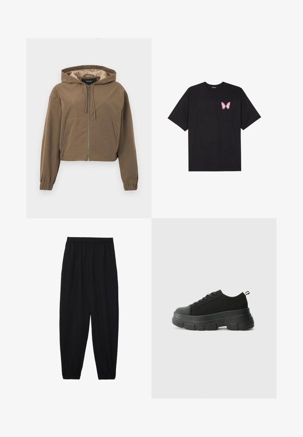 Brown cropped hoodie with a front zipper, drawstring hood, elastic cuffs, and a kangaroo pocket. Smooth fabric with a matte finish.; Black cotton t-shirt with short sleeves, featuring a small pink butterfly graphic on the left chest. Crew neck design with a relaxed fit.; Black, lightweight pants with an elastic waistband and gathered ankles. The fabric is smooth and features a relaxed, tapered design.; Black sneakers with a chunky rubber sole, textured fabric upper, round toe, and lace-up design. Features reinforced eyelets and back pull tab.