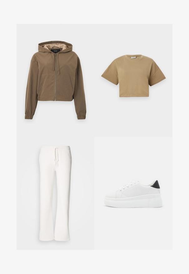 Rudas sutrumpintas džemperis su priekine užtrauktuku, kapučinu su raišteliu, elastinėmis rankovėmis ir kengūrinėmis kišenėmis. Sklandus audinys su matinio paviršiumi.; Pusiau nupjauta, trumpa rankovė t-palaidinė iš chaki spalvos medvilnės. Pasižymi apvalia iškirpte ir žemai koja uždėtomis petnešomis, turi gležną, švelnią tekstūrą.; Baltos, laisvo kirpimo sportinės kelnės, pagamintos iš minkštos medžiagos, su elastinga juosmens dalimi ir raišteliu, tiesių kojų kirpimu.; Balti platforminiai sportbačiai, pagaminti iš lygios sintetinio audinio, su apvaliu pirštu, raištelių užsegimu ir tekstūruota guma padanga. Juodas kulno akcentas.