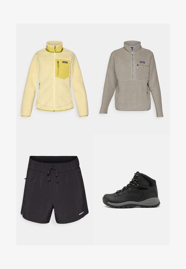 Yellow fleece jacket with a high collar, zippered front, and a chest pocket. Features a soft texture and contrasting light yellow accents.; Light taupe fleece jacket with a high collar, half-zip front, and a zippered chest pocket. Features textured fabric and contrasting gray trim.; Black swim shorts made from lightweight fabric, featuring an elastic waistband, drawstring, and side pockets for functionality.; Black hiking boot with a mid-top design, featuring a textured upper, gray accents, and durable rubber sole with traction lugs.