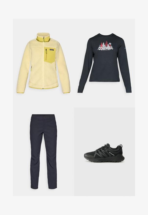 Żółta polarowa kurtka z wysokim kołnierzem, zapinana na zamek z przodu oraz kieszenią na klatce piersiowej. Cechuje się miękką teksturą i kontrastującymi jasyellow detalami.; Długie rękawy, ciemnoszara koszula z grafiką czerwonych drzew i gór; logo "COLUMBIA" w wyraźnym białym tekście. Miękka tkanina, standardowy okrągły dekolt.; Granatowe spodnie wykonane z gładkiego materiału, z zapięciem na guziki z przodu, wąskim kroju oraz detalami w postaci prasowania na kolanach.; Columbia PEAKFREAK czarny