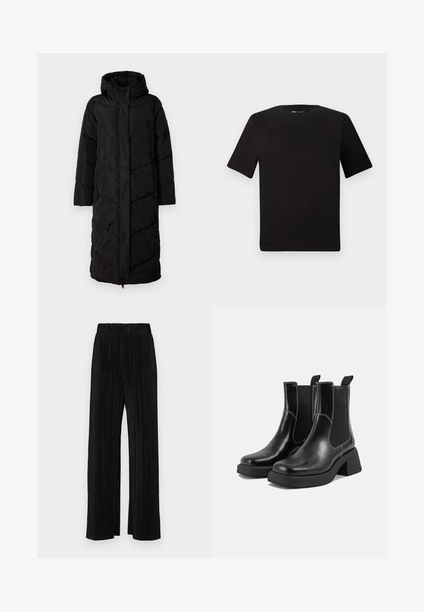 Abrigo largo y acolchado negro con capucha, con un patrón de acolchado diagonal, cremallera frontal y dos bolsillos laterales. Material suave y ligero.; Camiseta negra de manga corta con cuello redondo, fabricada en suave algodón. Diseño simple, sin logos ni patrones visibles.; Pantalones negros de pliegues con una cintura elástica. Presentan piernas anchas y una tela suave y texturada con rayas verticales.; Botas Chelsea de cuero negro con tacón grueso, paneles laterales elásticos y costuras en blanco que contrastan. Acabado texturizado.
