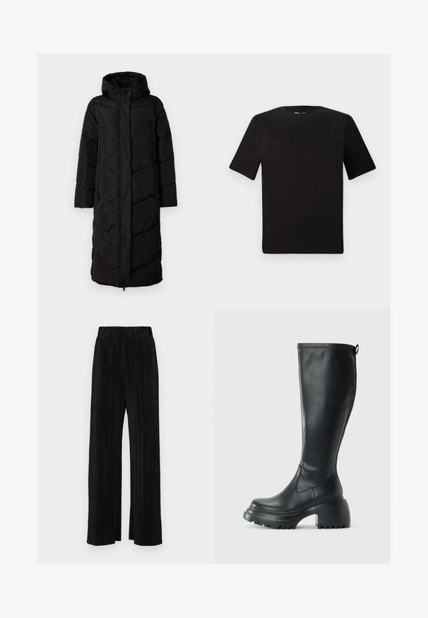 Zwarte lange gewatteerde jas met een capuchon, voorzien van een diagonaal gestikt patroon, rits aan de voorkant en twee zijzakken. Soepele, lichte stof.; Zwarte T-shirt met korte mouwen en een ronde hals, gemaakt van zachte katoenstof. Eenvoudig ontwerp, geen zichtbare logo's of patronen.; Zwarte geplooide broek met een elastische tailleband. Beschikt over wijde pijpen en een glad, gestructureerd stof met verticale strepen.; Hoge zwarte leren laars met een chunky plateauzool en blokhak, voorzien van een trekband en een gestructureerd profiel op de buitenzool.