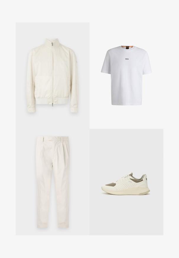 Ljuskrämfärgad bomberjacka med hög krage, dragkedja, två sidofickor och ett subtilt texturmönster. Ribbad manschett och nederkant.; Vit bomull T-shirt med korta ärmar, med en svart "BOSS"-logotyp centrerad på bröstet och en rund nackdesign.; Vita, plisserade byxor med skräddarsydd passform, med en mjuk yta, bälteshängare och avsmalnande ben. Inga synliga fickor eller mönster.; Vit och ljusbeige atletisk sneaker med ett meshöverdrag, perforerade detaljer och en texturerad mellansula med varumärke på hälen.