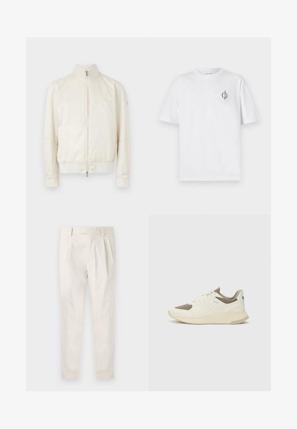 Lyscreme bomberjakke med høj krave, lynlås lukning, to sidelommer og et subtilt tekstureret mønster. Ribbekant ved ærmer og nederste kant.; Hvid bomulds t-shirt med en afslappet pasform, der har et lille sort grafisk logo på venstre brystområde. Korte ærmer, rund halsstil.; Hvide, plisserede bukser med en skræddersyet pasform, der har en glat overflade, bæltestropper og smalnede ben. Ingen synlige lommer eller mønstre.; Hvide og lyse beige sportssko med en mesh-overdel, perforerede detaljer og en tekstureret mellemsål med branding på hælen.