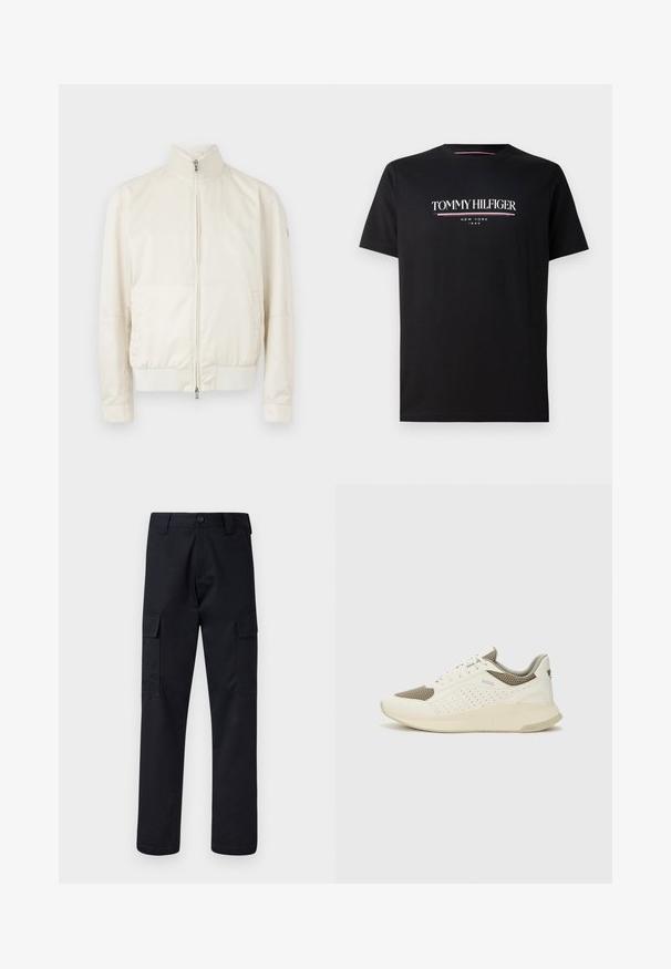 Světle krémová bomber bunda s vysokým límcem, zapínáním na zip, dvěma bočními kapsami a jemnou texturovanou vzorovou úpravou. Hladké manžety a lem.; Černé bavlněné tričko se bílým a barevným logem "TOMMY HILFIGER" s menším textem "NEW YORK" a "1985" níže. Krátké rukávy, kulatý výstřih.; Černé cargo kalhoty vyrobené z odolné tkaniny, s rovnými nohavicemi, dvěma bočními kapsami a zapínáním na knoflík v pase.; Bílé a světle béžové atletické tenisky, které mají síťovaný svršek, perforované detaily a texturovanou mezipodešev s logem na patě.